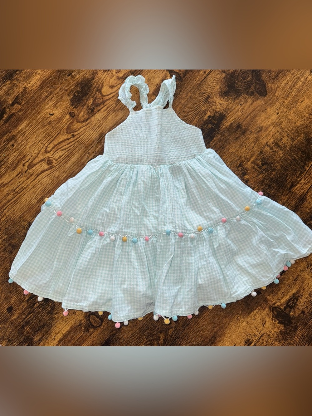 Tahari Light Blue Gingham Summer Dress with Pom Trim